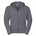 The product displayed is a Russell J266M gray zip-up hoodie, featuring a hood and front pockets with a simple design and an emblem on the inside neckline.