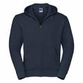 Introducing the Russell J266M, a navy blue zip-up hoodie featuring a drawstring hood and front pockets. It comes with a small logo tag on the inside of the collar.