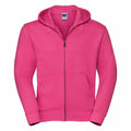 A bright pink Russell J266M zip-up hoodie featuring a hood and front pockets, set against a plain white background.