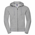 Introducing the J266M by Russell: a gray zip-up hoodie featuring a hood with drawstrings. It comes complete with a front zipper and two pockets. The fabric is soft and casual, making it perfect for everyday wear.