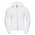 This is a Russell J266M, a white zip-up hoodie featuring a drawstring hood and front pockets, showcased on an invisible mannequin against a white background.