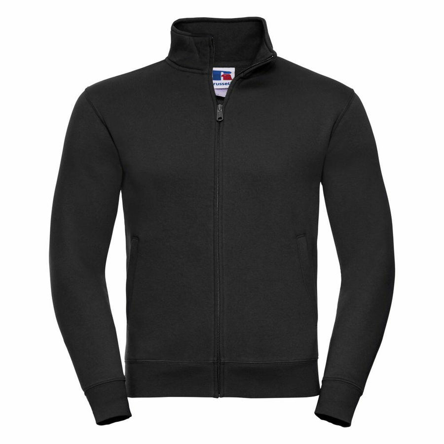 The Russell J267M is a black zip-up sweatshirt, featuring a stand collar and front pockets, showcased on a simple white background.