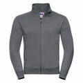 Russell's J267M is a gray zip-up jacket with a high collar and two side pockets, showcasing a minimalist design complete with a small flag tag on the collar.