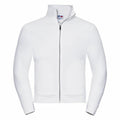 Introducing the J267M by Russell: a sleek white zip-up jacket featuring a high collar, front zipper, and long sleeves. Designed in a casual style, this jacket promises to be soft and comfortable.