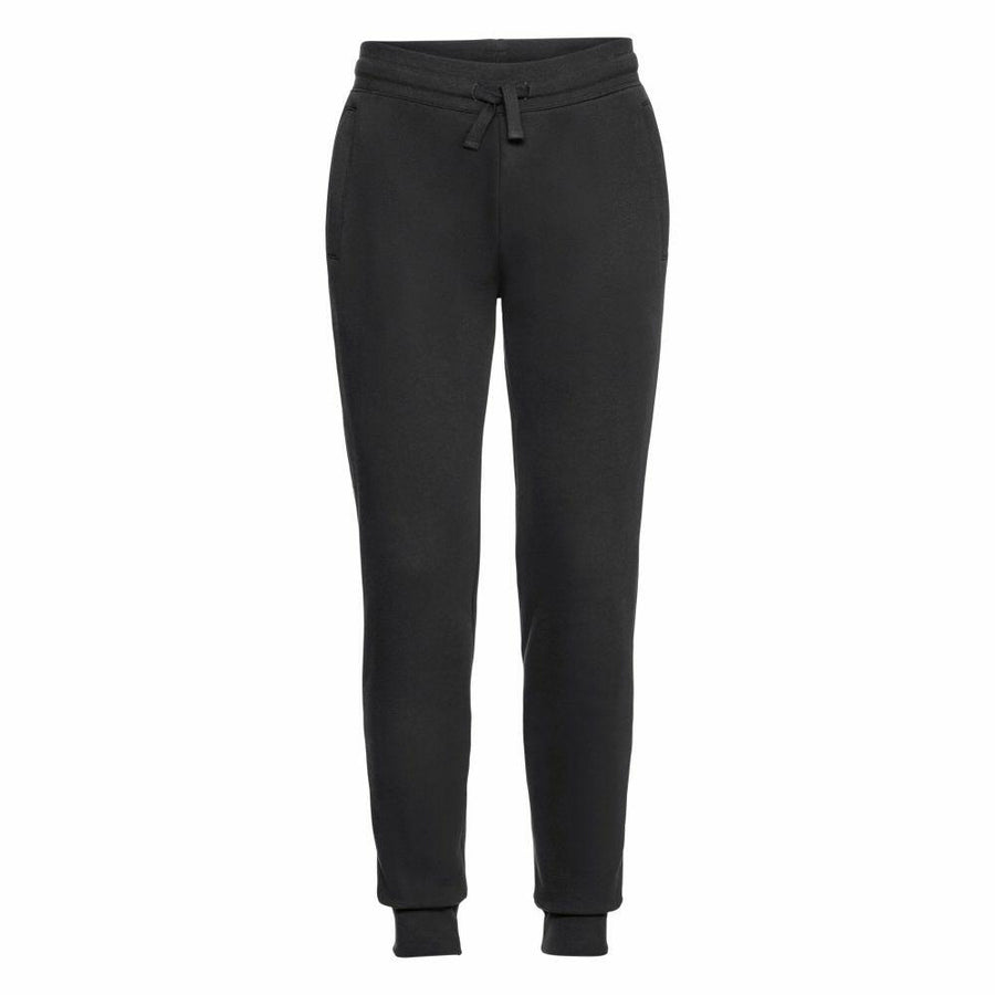 Russell's J268M offers black jogger pants equipped with an elastic waistband and drawstring, along with ribbed cuffs at the ankles.