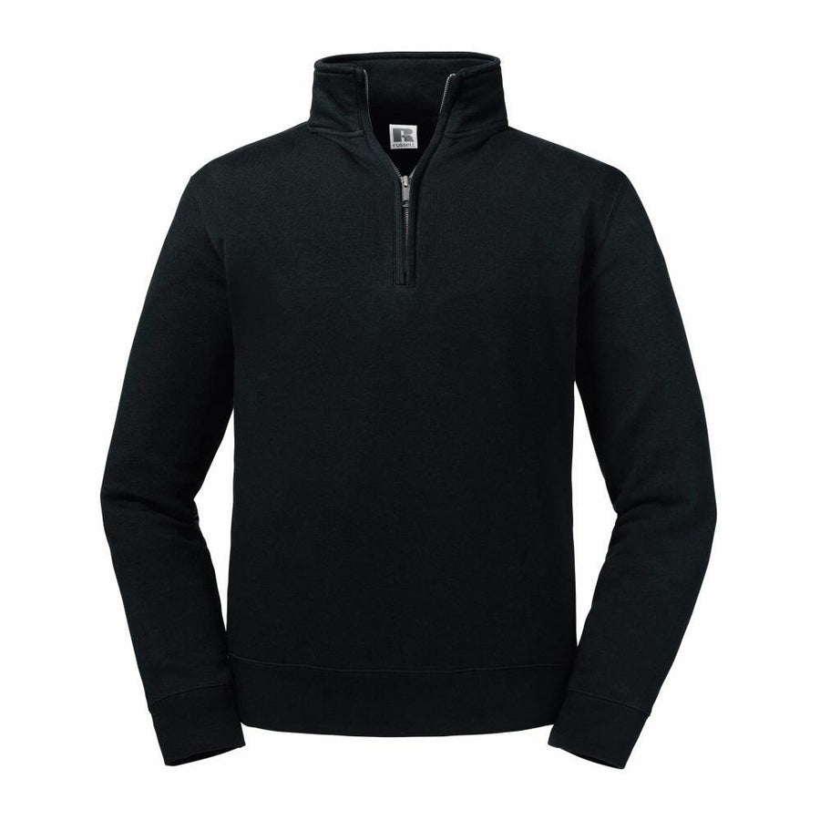 A black, long-sleeve Russell pullover (J270M) featuring a quarter-zip front and a high collar.