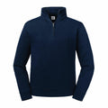Presenting the J270M from Russell: a navy blue, long-sleeved pullover featuring a half-zip collar. It boasts a soft fabric and minimalistic design, free of any visible patterns or logos.