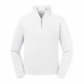 The Russell J270M is a plain white quarter-zip pullover featuring long sleeves and a stand-up collar. Partially unzipped, it reveals its interior lining. The fabric looks soft and comfortable, making it perfect for both casual and athletic wear.