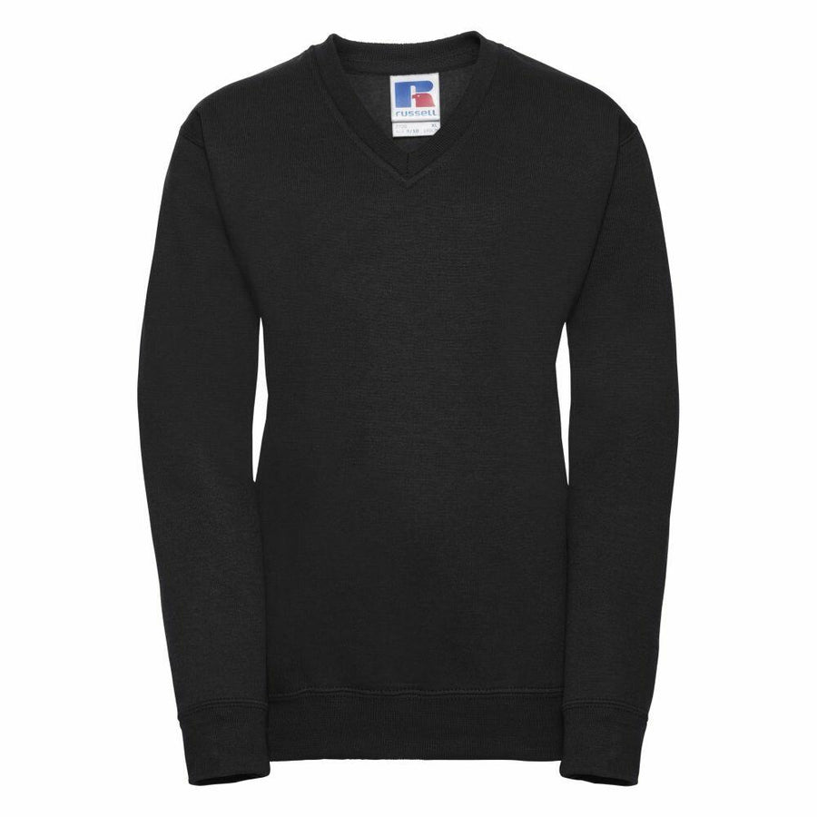 A Russell J272B black crew neck sweatshirt featuring a small logo on the collar.