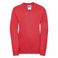 Russell's J272B is a red V-neck sweatshirt with long sleeves, featuring a logo on the inner collar.
