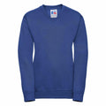Introducing the J272B by Russell: a stylish blue V-neck sweatshirt with long sleeves and a small tag inside the collar area. This garment boasts a minimalist, clean design, complete with ribbed cuffs and waistband for added comfort and style.