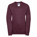 A maroon long-sleeve sweatshirt with a V-neck design, known as the J272B by Russell, is displayed. Made of soft fabric, it features a logo label on the neck and includes ribbed cuffs and hem.