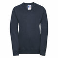 The Russell J272B is a dark green V-neck sweatshirt with long sleeves that features ribbed cuffs and hem. It includes an inner tag displaying the logo, and its soft, comfortable fabric makes it ideal for casual wear.