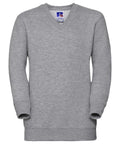 Gray V-neck sweatshirt, J272B by Russell, featuring long sleeves and cuffs, is displayed front-facing against a plain background. The fabric appears soft with a slight texture. A small label can be seen near the neckline.
