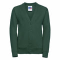 Russell's J273B cardigan features a green button-up design with a V-neck and ribbed cuffs.