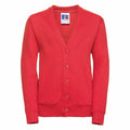 A Russell J273B red button-up cardigan featuring a V-neck and long sleeves, showcased against a plain white background.