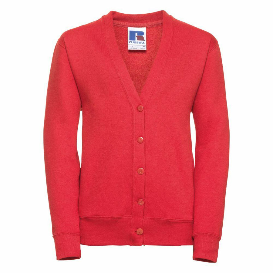 A Russell J273B red button-up cardigan featuring a V-neck and long sleeves, showcased against a plain white background.