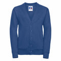 The Russell J273B is depicted as a blue button-up cardigan featuring a V-neck design. The neck displays a label with the brand's logo, and it is set against a white background.