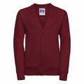 A burgundy cardigan labeled as product J273B by Russell features a V-neck design with five buttons down the front, along with ribbed cuffs and hem. The tag inside the neckline proudly displays the Russell brand.