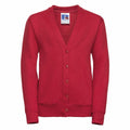 A cardigan in red with long sleeves and a V-neck design, featuring a button-up front, from the Russell brand.