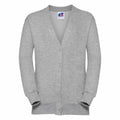 A gray Russell cardigan, product name J273B, featuring a button-down front, long sleeves, and a V-neck design is displayed against a plain white background.