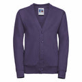 The J273B by Russell is a purple button-up cardigan featuring long sleeves, a V-neckline, and a visible label inside the collar.