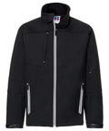 Russell's J410M jacket is a black zip-up design with a high collar, two zippered front pockets, and a small chest pocket.