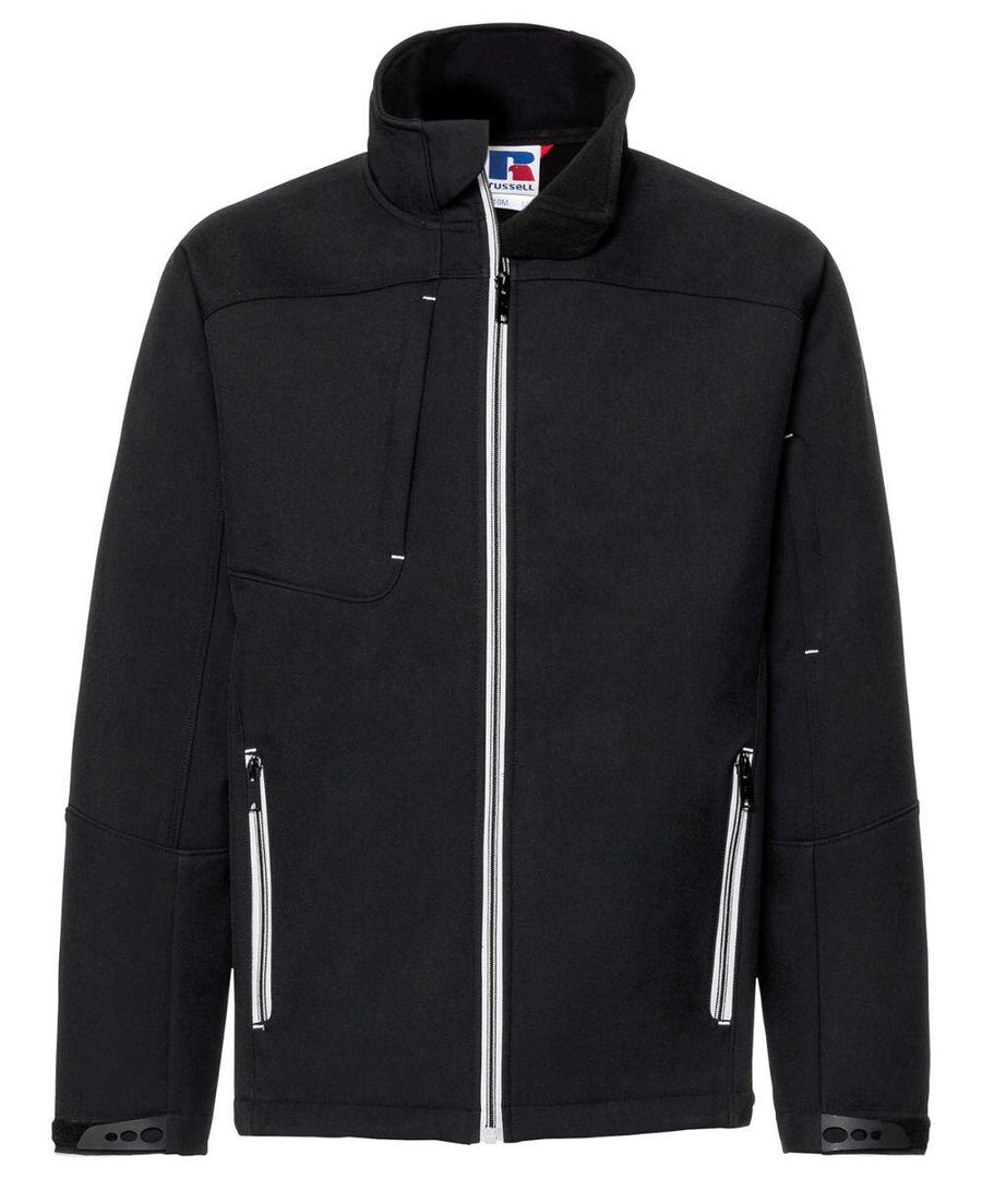 Russell's J410M jacket is a black zip-up design with a high collar, two zippered front pockets, and a small chest pocket.