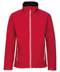 J410M by Russell is a red jacket featuring a high collar, white zippers on the front and pockets, designed to offer both warmth and style.