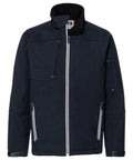 The J410M softshell jacket by Russell features a high collar, front zipper, and two zippered pockets in black.