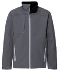 The Russell J410M is a gray zip-up jacket featuring a high collar. It boasts a sleek design with two zippered pockets on the sides and an additional zippered chest pocket. The jacket is crafted from a soft, weather-resistant material.