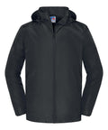 A black zip-up jacket from Jackets featuring a hood, long sleeves, and side pockets. Displayed on a white background with a visible small logo tag inside the collar.