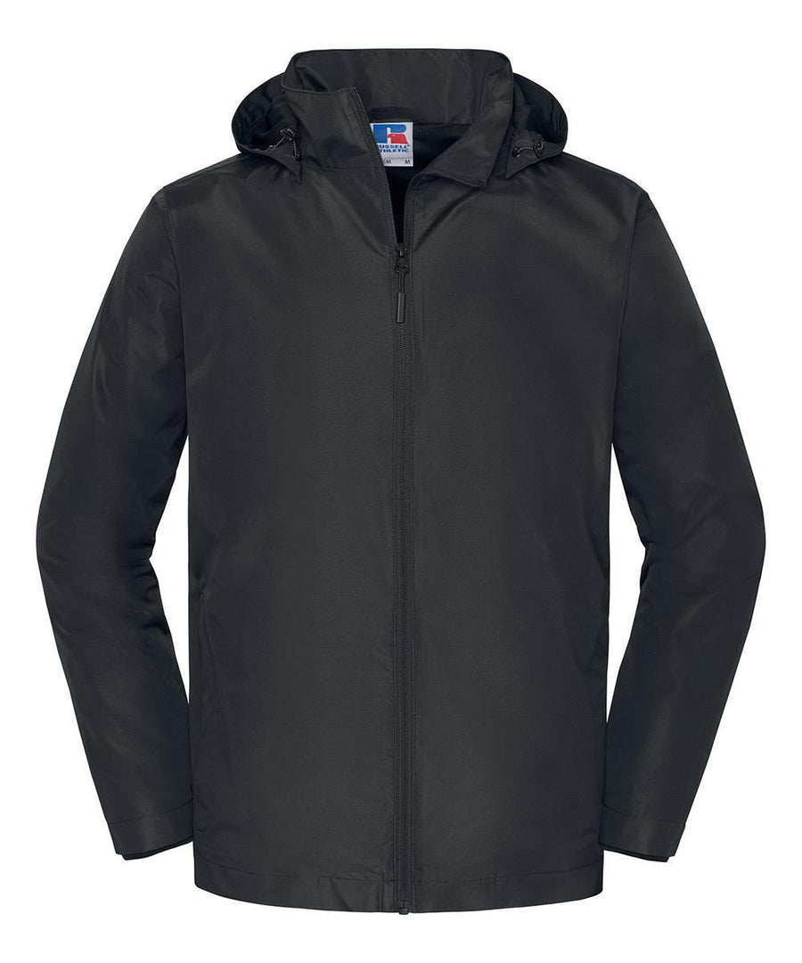 A black zip-up jacket from Jackets featuring a hood, long sleeves, and side pockets. Displayed on a white background with a visible small logo tag inside the collar.