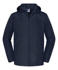 A Jackets navy blue hooded jacket featuring a front zip, long sleeves, and two side pockets is shown against a plain white background.