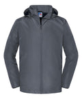 The "Jackets" product is a plain grey zip-up hoodie with long sleeves and side pockets, shown against a white background. It features a simple, minimalist design.
