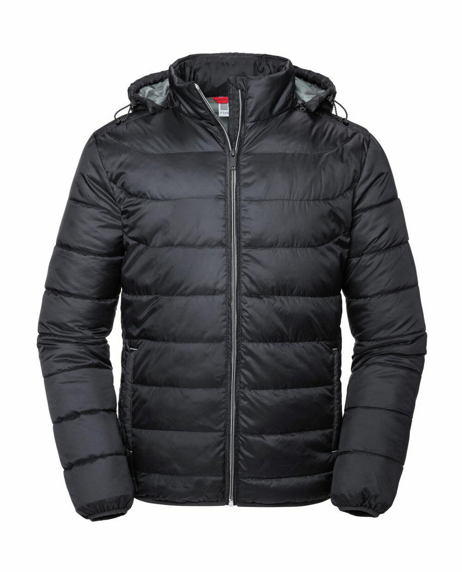 Russell's J440M is a black puffer jacket that includes a hood and features a front zipper closure along with a quilted design.