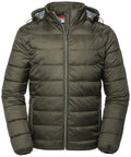 Russell's J440M olive green padded jacket features a hood and front zipper.