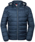 The Russell J440M is a blue puffer jacket featuring a zip-up front and a hood.