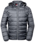 The Russell J440M is a hooded gray puffer jacket with a front zipper closure and horizontal quilting, designed for cold weather. It boasts a sleek and shiny finish.