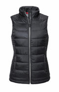 A Russell J441F featuring a black puffer vest design, complete with a high collar and front zipper.