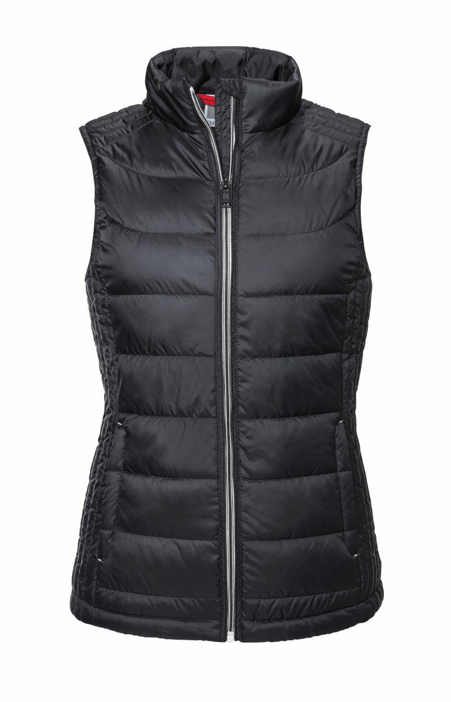 A Russell J441F featuring a black puffer vest design, complete with a high collar and front zipper.