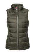 Russell's J441F features an olive green quilted puffer design with a front zipper and a stand-up collar.