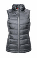 A gray, quilted puffer vest from Russell, known as the J441F, features a front zipper and a high collar. This sleek, shiny sleeveless vest is padded for warmth and designed for a fitted look.