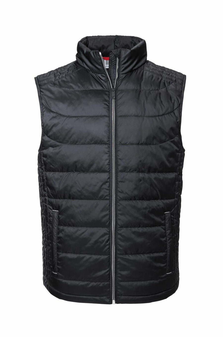 Russell's J441M, a black quilted puffer vest featuring a zipper front and high collar, displayed on a white background.