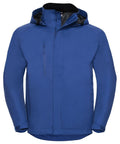 Russell's J510M hooded jacket in blue features a zippered breast pocket and adjustable cuffs.