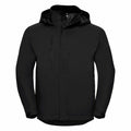 Russell's J510M is a black hooded jacket featuring a zippered front and a chest pocket.