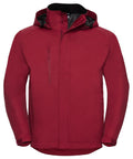 Russell's J510M, a red waterproof jacket featuring a hood and zippered chest pocket, displayed on a white background.