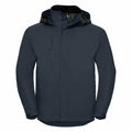 Product Description: The Russell J510M hooded jacket in dark gray features a front zipper, a chest pocket, and mesh interior detail, showcased against a plain white background.