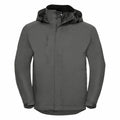 A Russell J510M gray hooded outdoor jacket featuring a zippered chest pocket and front zipper closure, showcased against a white background. The jacket is crafted for outdoor activities, boasting a sleek and minimalist design.