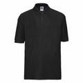A plain black polo shirt, featuring short sleeves and a collar, from the Russell brand (Product Name: J539B), displayed on a white background.